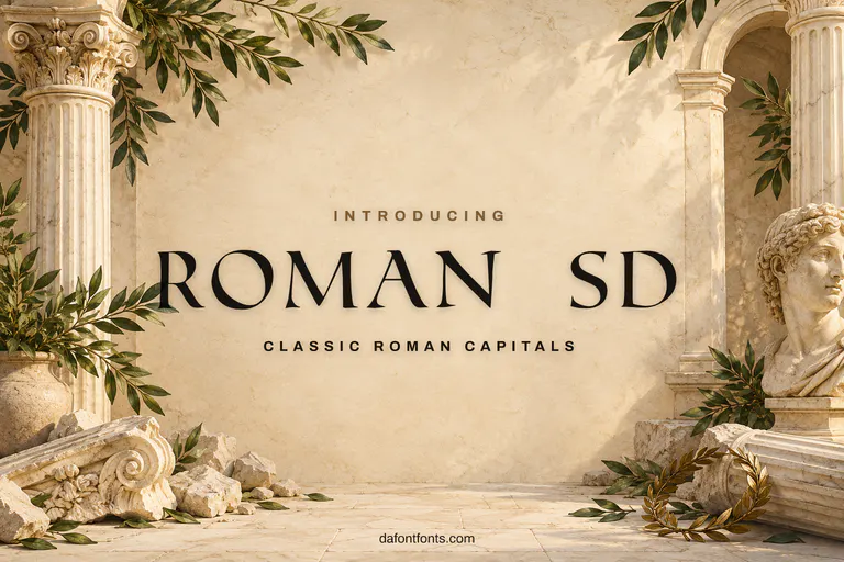 Roman SD font poster: Roman capitals with marble columns and laurel leaves