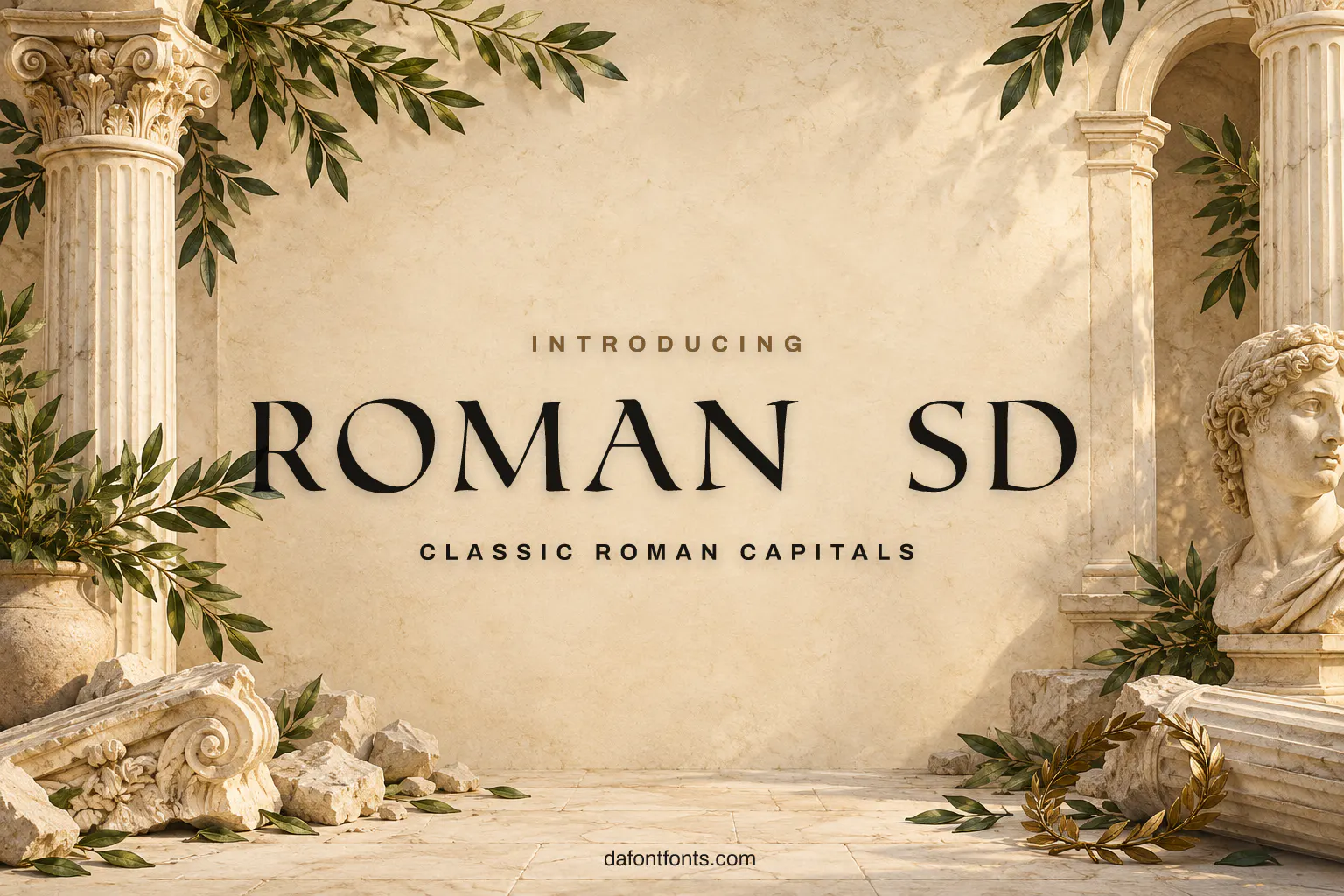 Roman SD font poster: Roman capitals with marble columns and laurel leaves