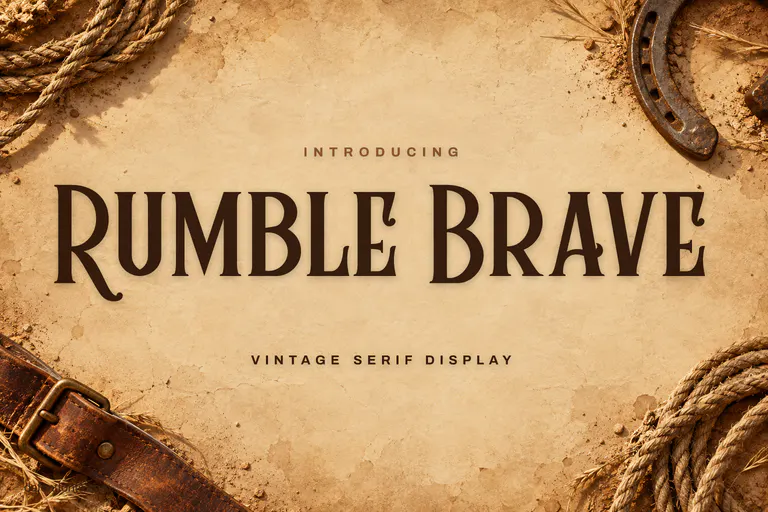Rumble Brave font poster: dark brown vintage serif on kraft paper with a horseshoe