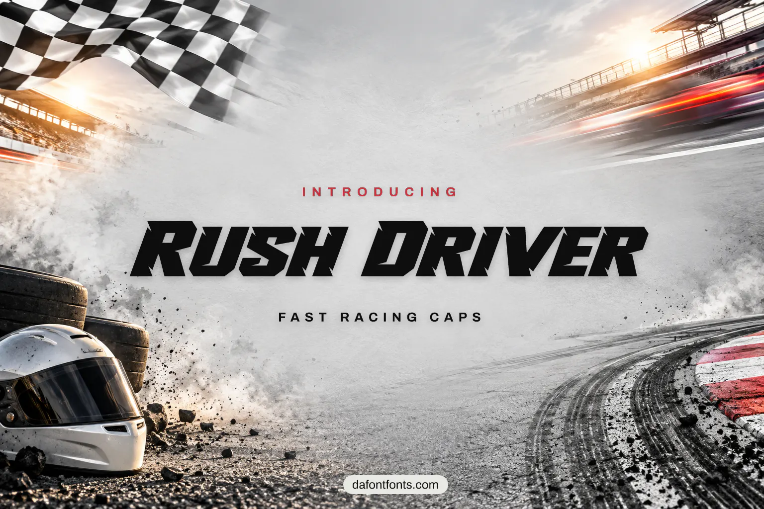 Rush Driver font poster: racing caps with a helmet, tire tracks and a checkered flag