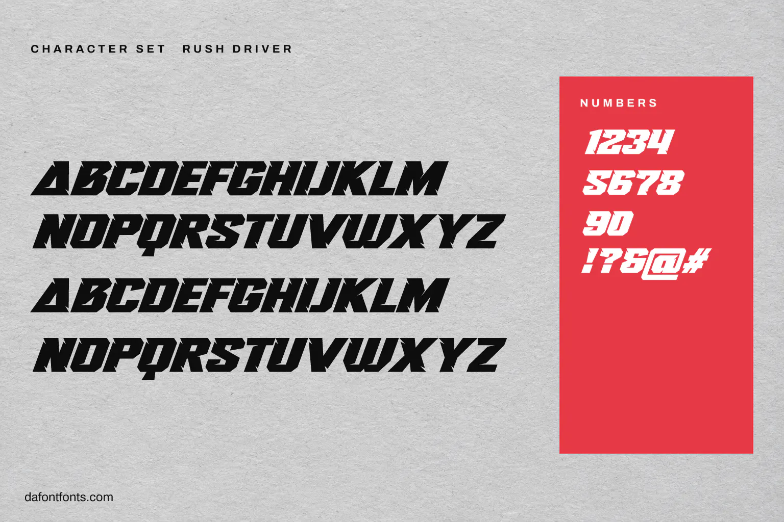 Rush Driver character set: alphabet, numbers and symbols