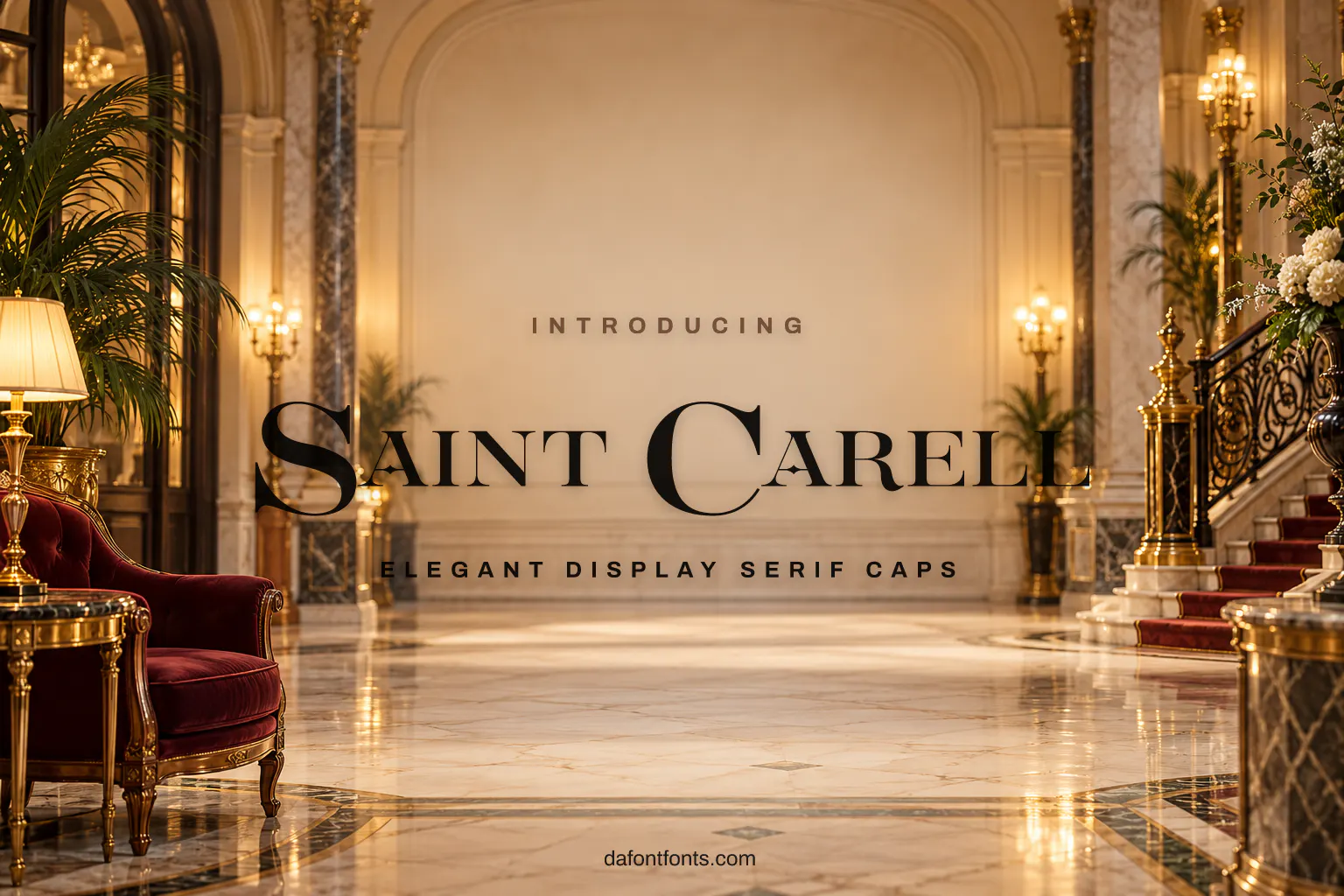 Saint Carell font poster: black serif on an elegant vintage hotel lobby background