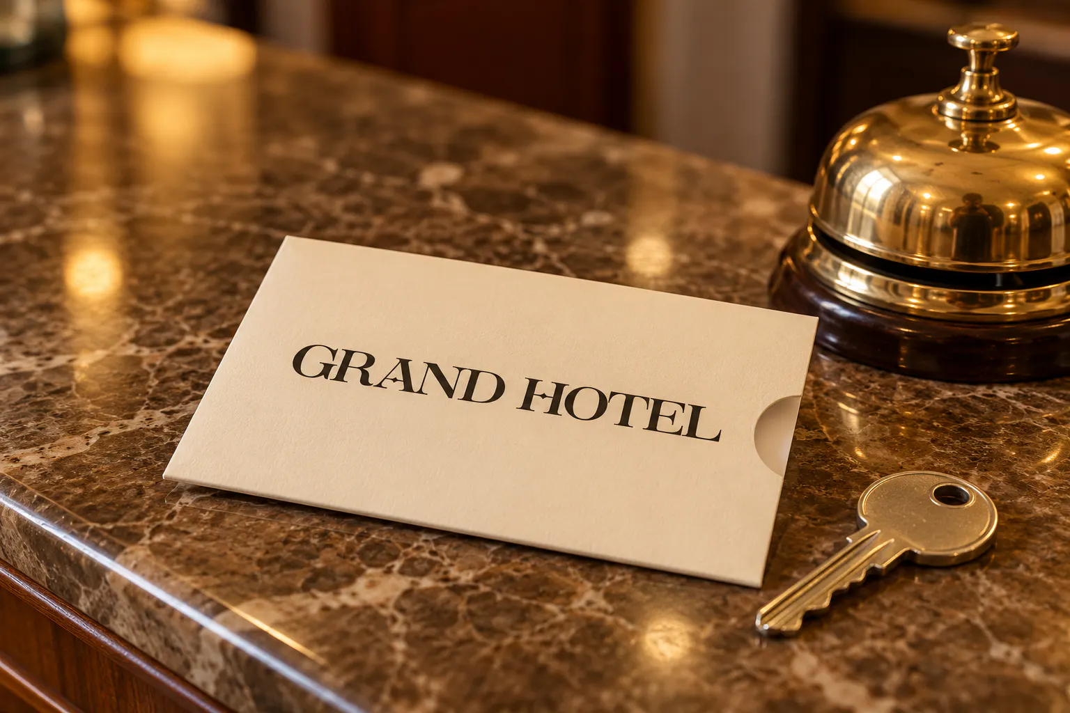 Saint Carell font on a hotel key card holder reading GRAND HOTEL