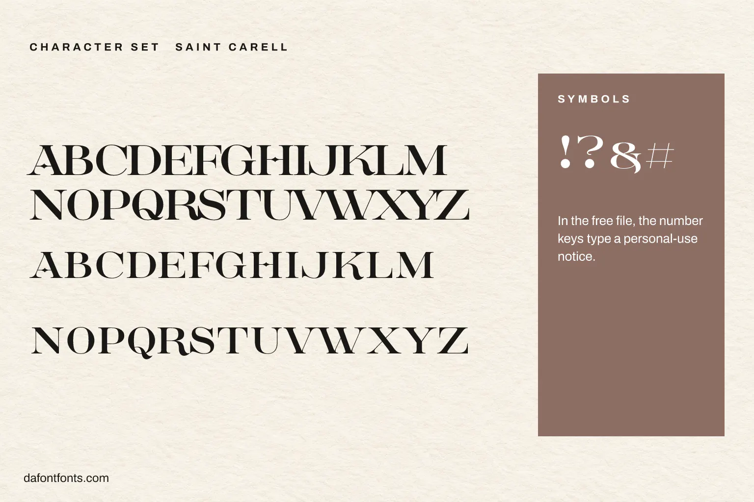 Saint Carell character set: capitals and symbols (the number keys type a notice)