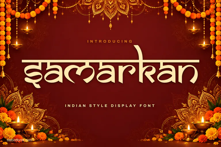 Samarkan font poster: gold lettering on deep maroon with mandalas and marigolds