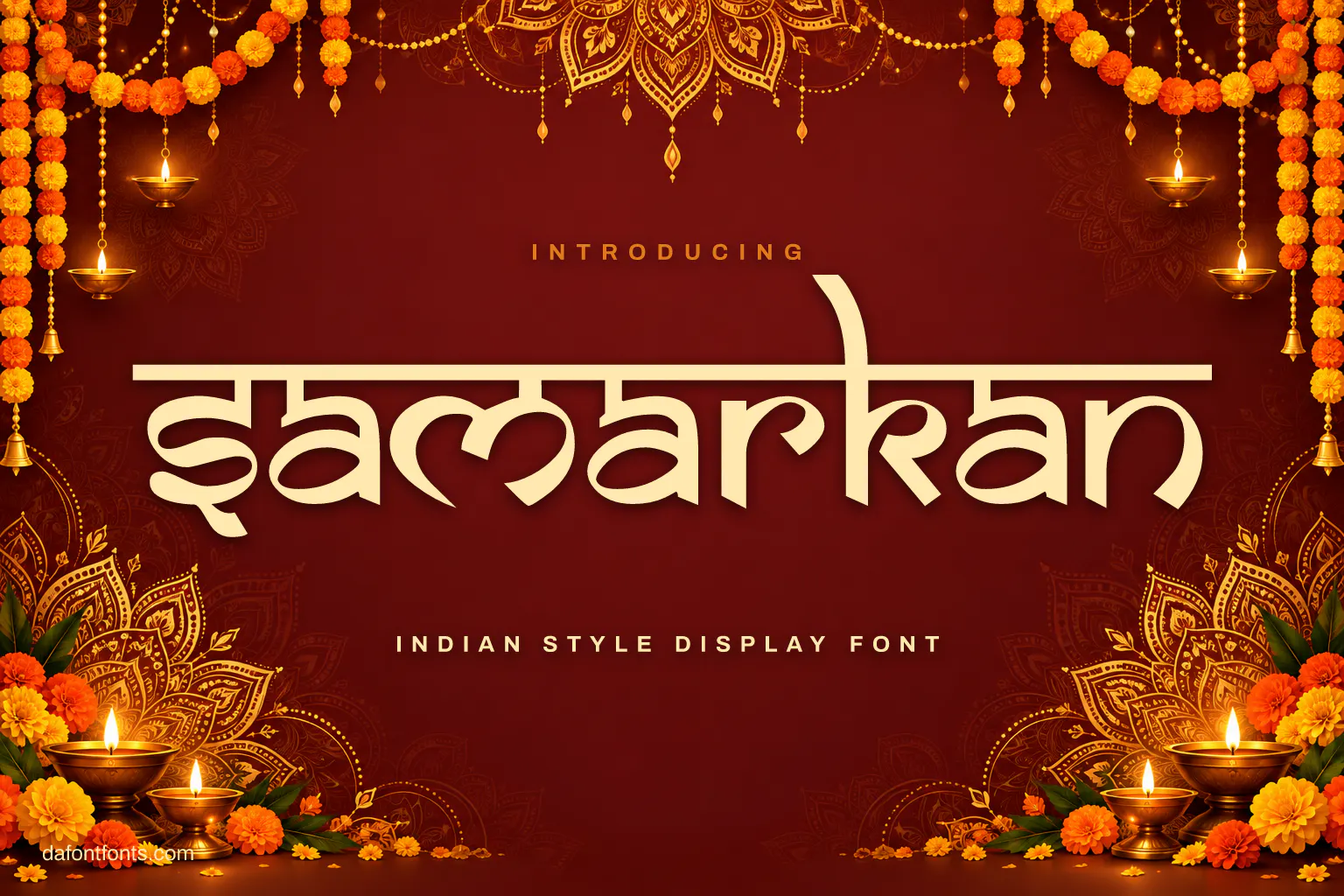 Samarkan font poster: gold lettering on deep maroon with mandalas and marigolds