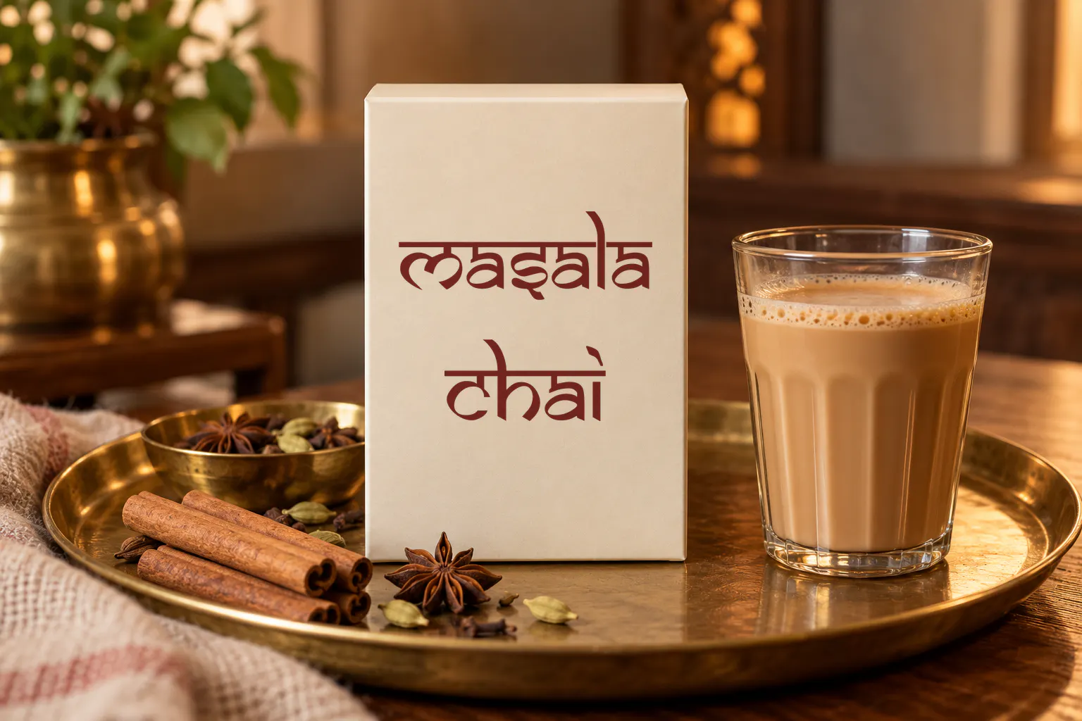 Samarkan font on a masala chai tea box reading Masala Chai