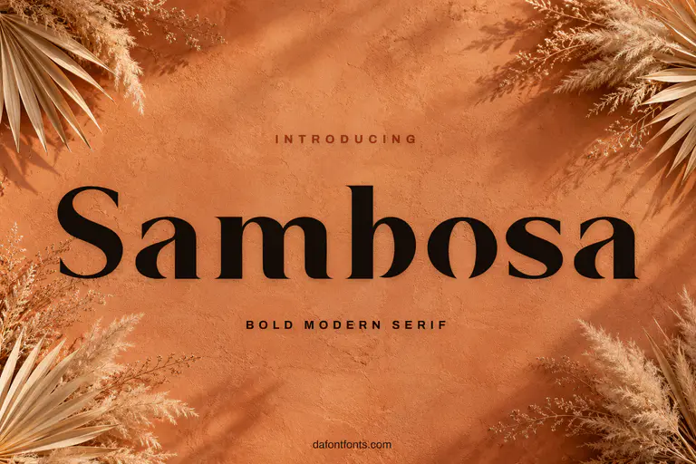 Sambosa font poster: black serif letters on warm terracotta with dried palm leaves
