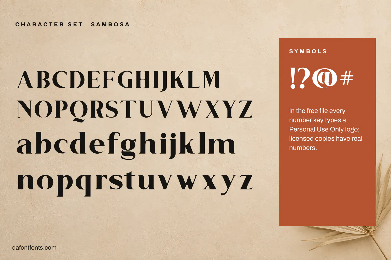 Sambosa character set: capitals, lowercase and symbols (in the free file the number keys and & type a logo)
