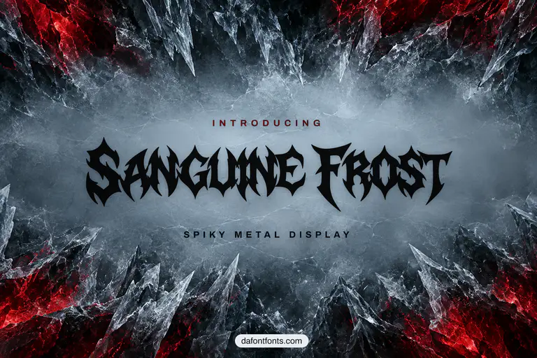 Sanguine Frost font poster: black spiky letters on an icy background with a red glow