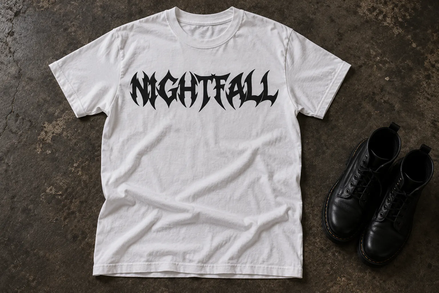 Sanguine Frost font on a t-shirt reading NIGHTFALL
