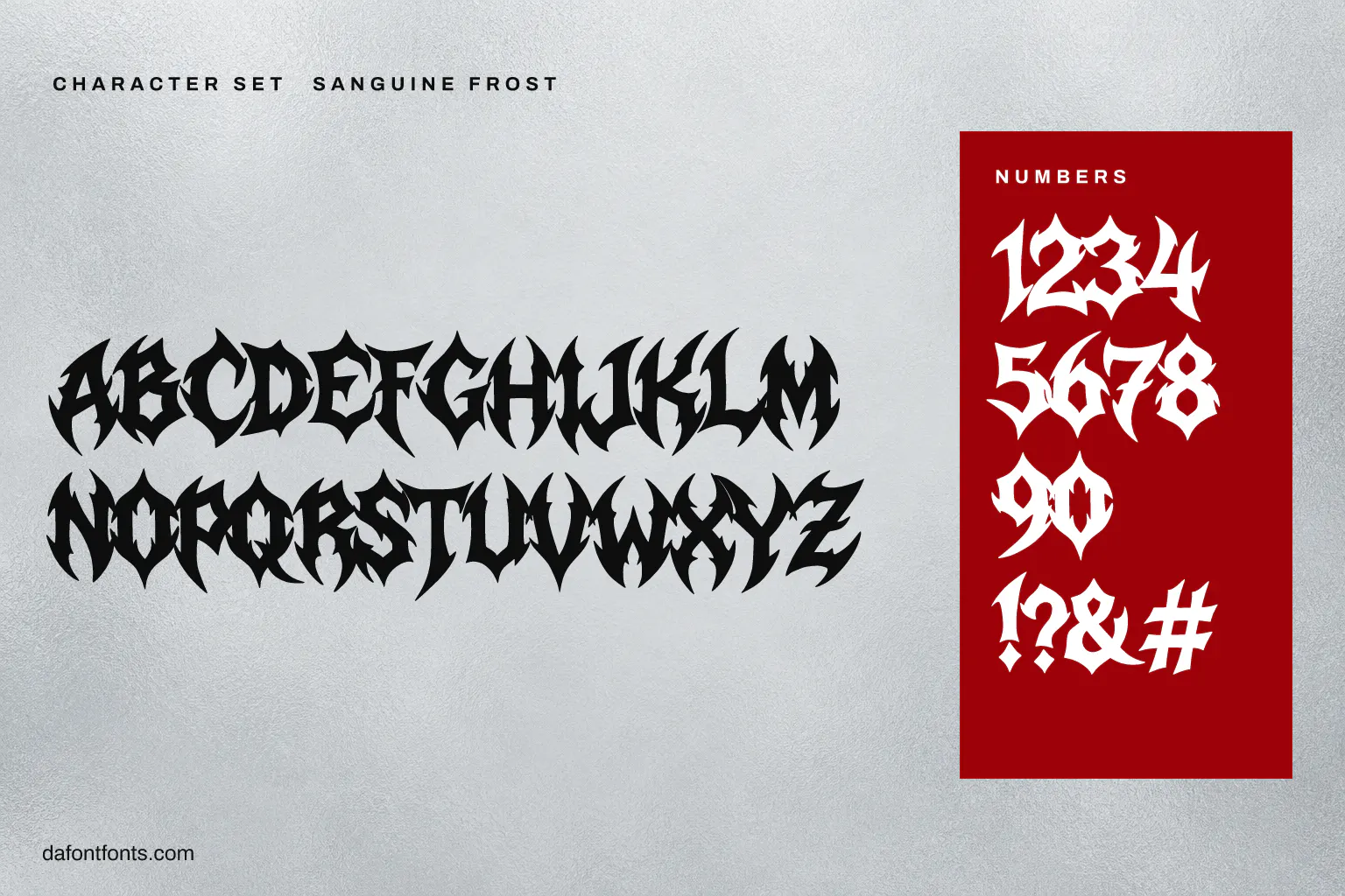 Sanguine Frost character set: capitals, numbers and ! ? & #
