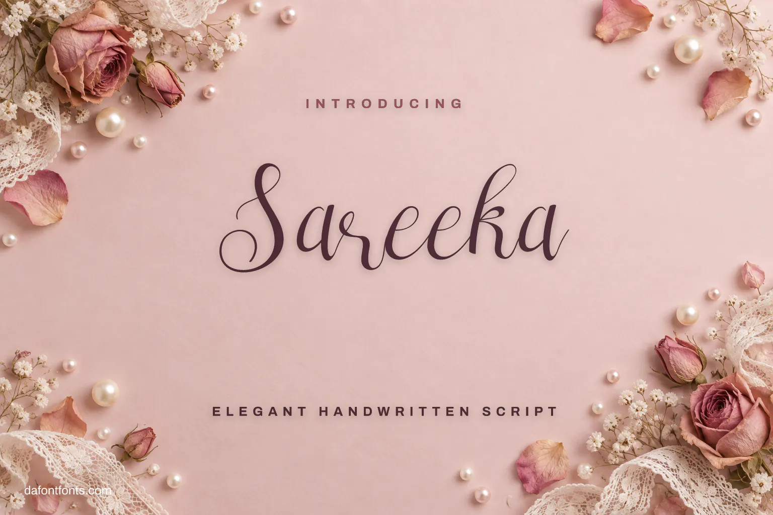 Sareeka font poster: mauve calligraphy on dusty rose with roses and lace