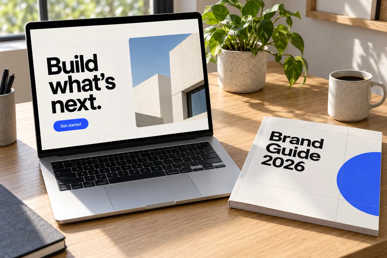 Satoshi style type on a laptop website hero and a printed brand guide