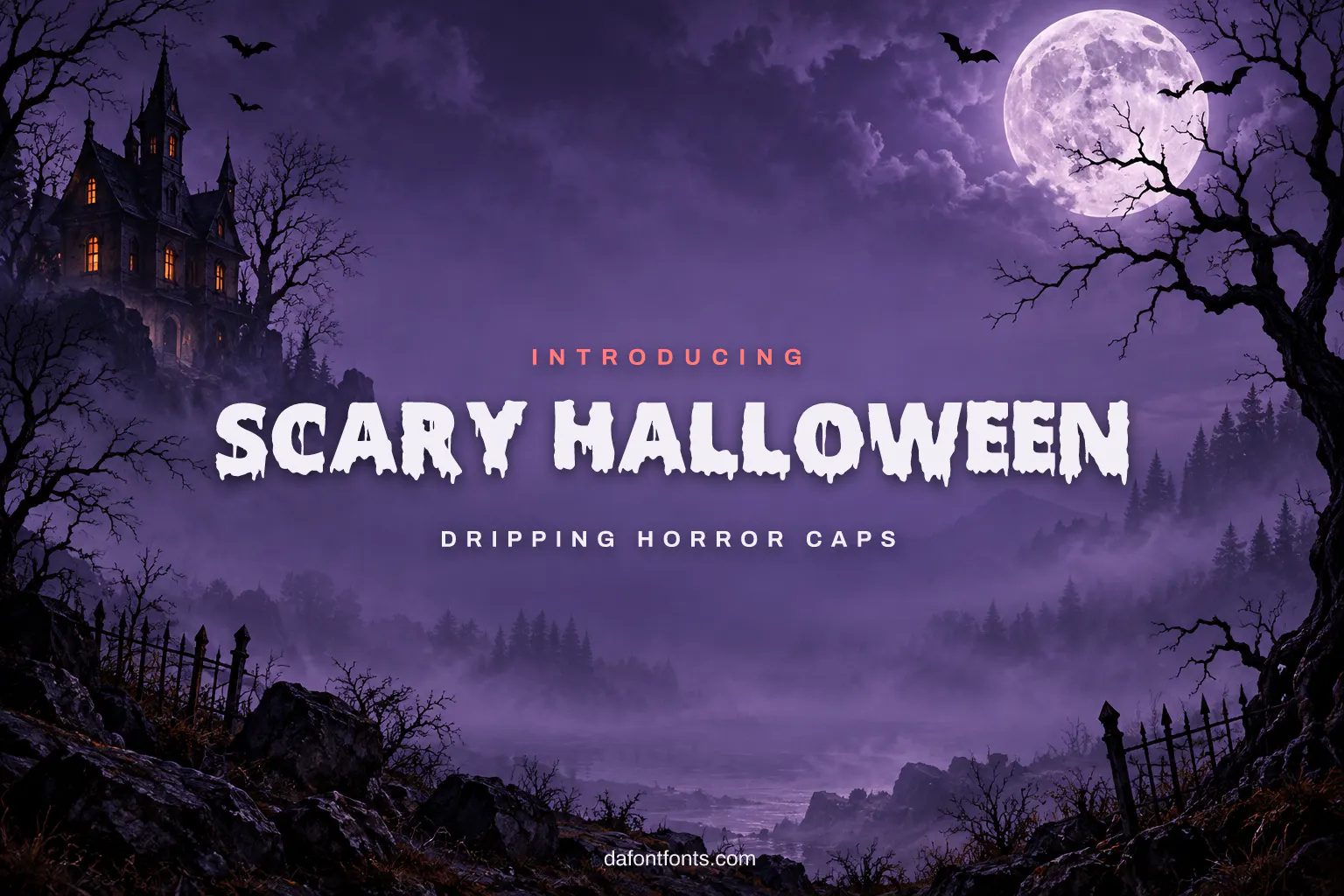 Scary Halloween font poster: white dripping caps on a dark haunted house background