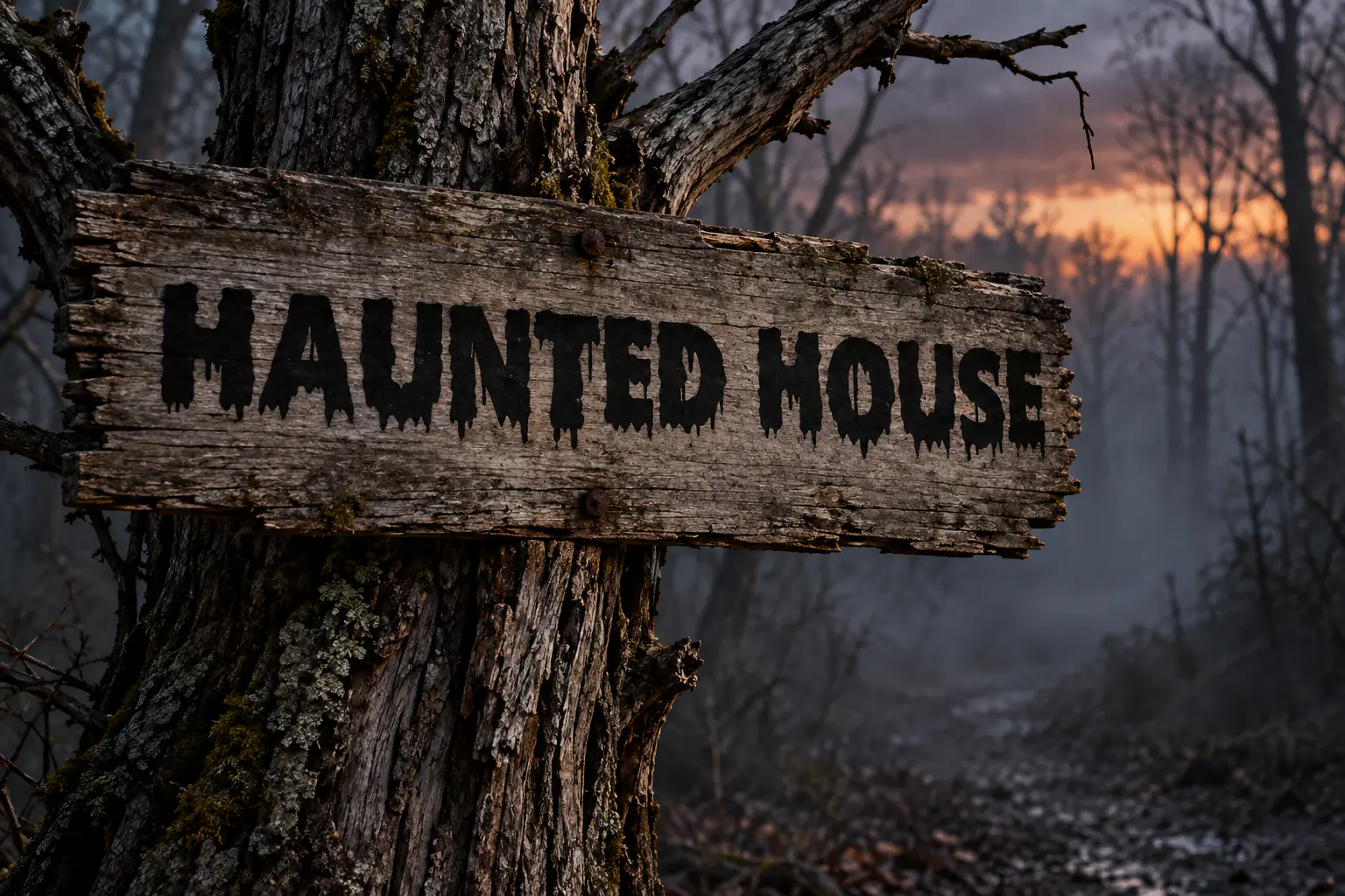 Scary Halloween font on a wooden sign reading HAUNTED HOUSE