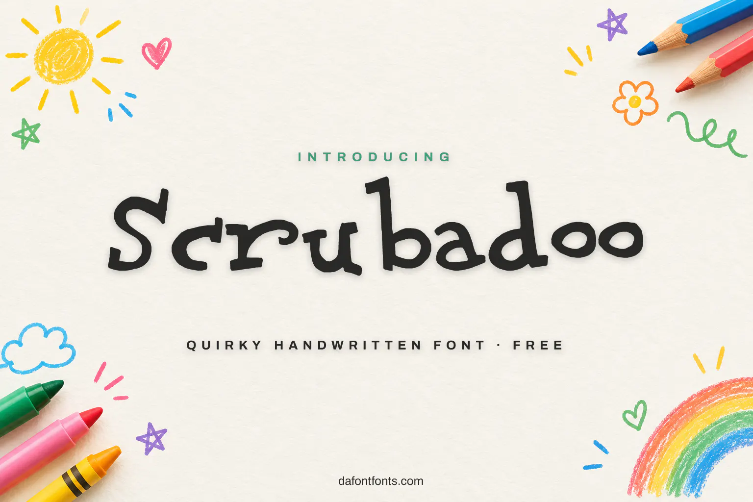 Scrubadoo font poster: black quirky handwriting on sketchbook paper with doodles