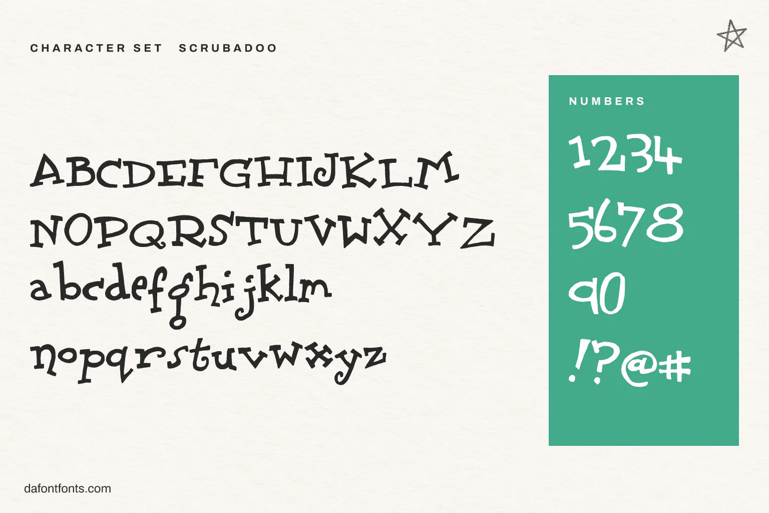 Scrubadoo character set: alphabet, numbers and ! ? @ #
