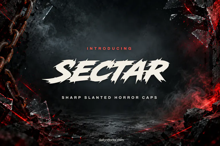 Sectar font poster: spiky slanted caps with chains, broken glass and red light