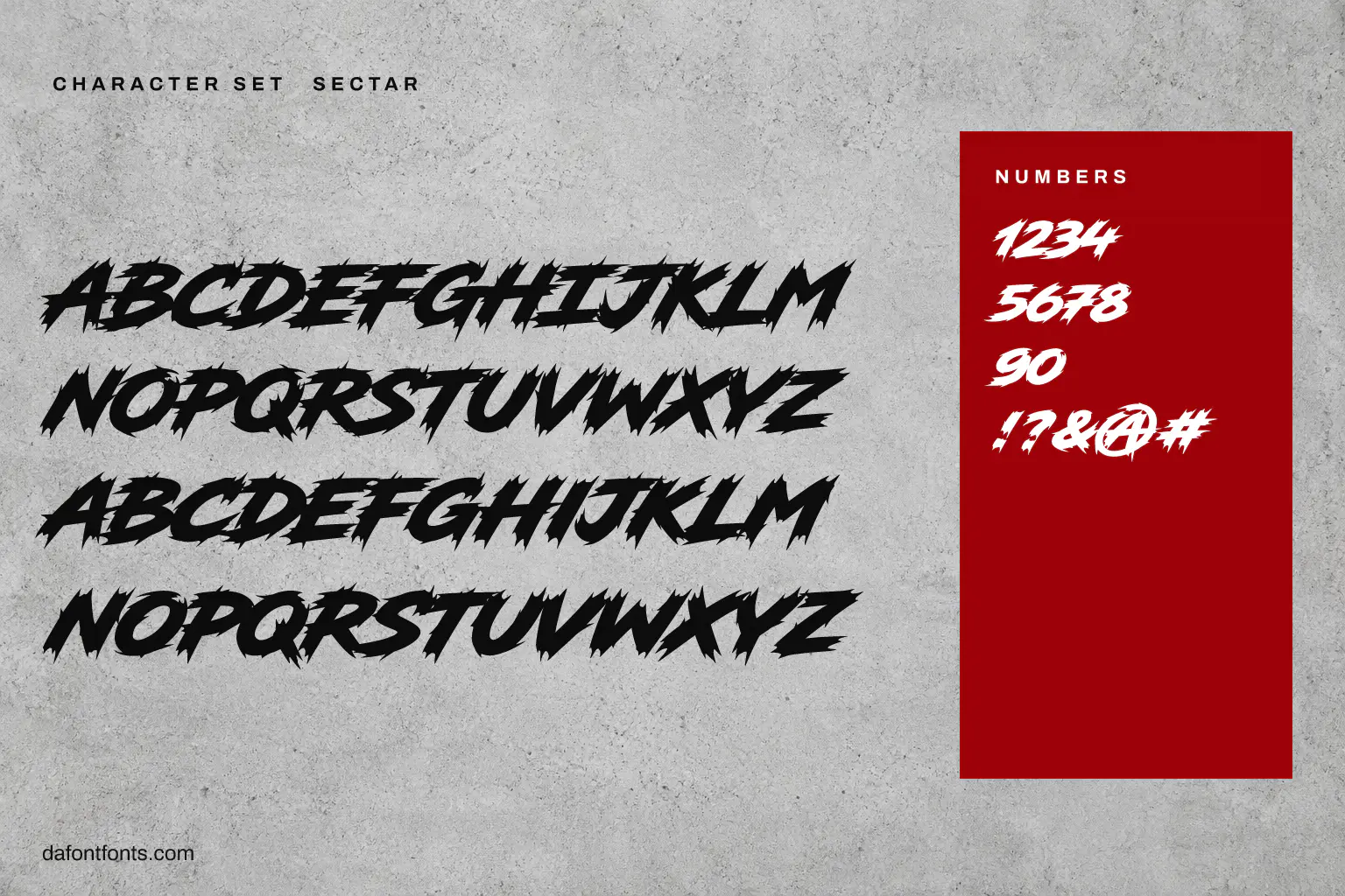 Sectar character set: alphabet, numbers and symbols