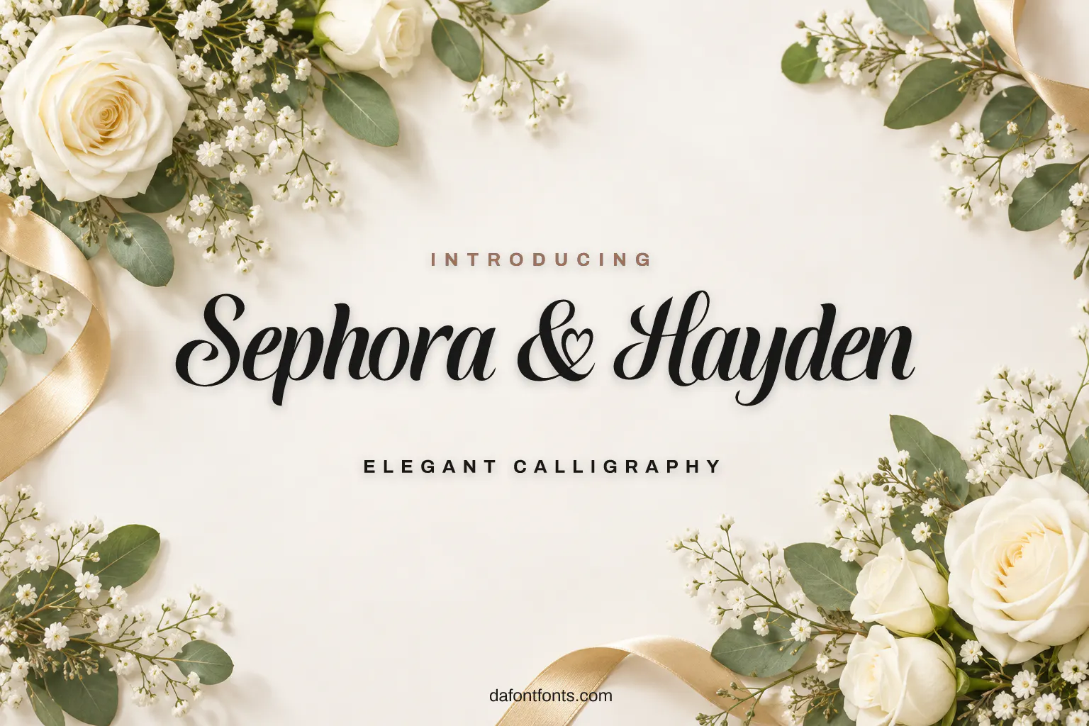 Sephora & Hayden font poster: black calligraphy on an ivory background with white roses
