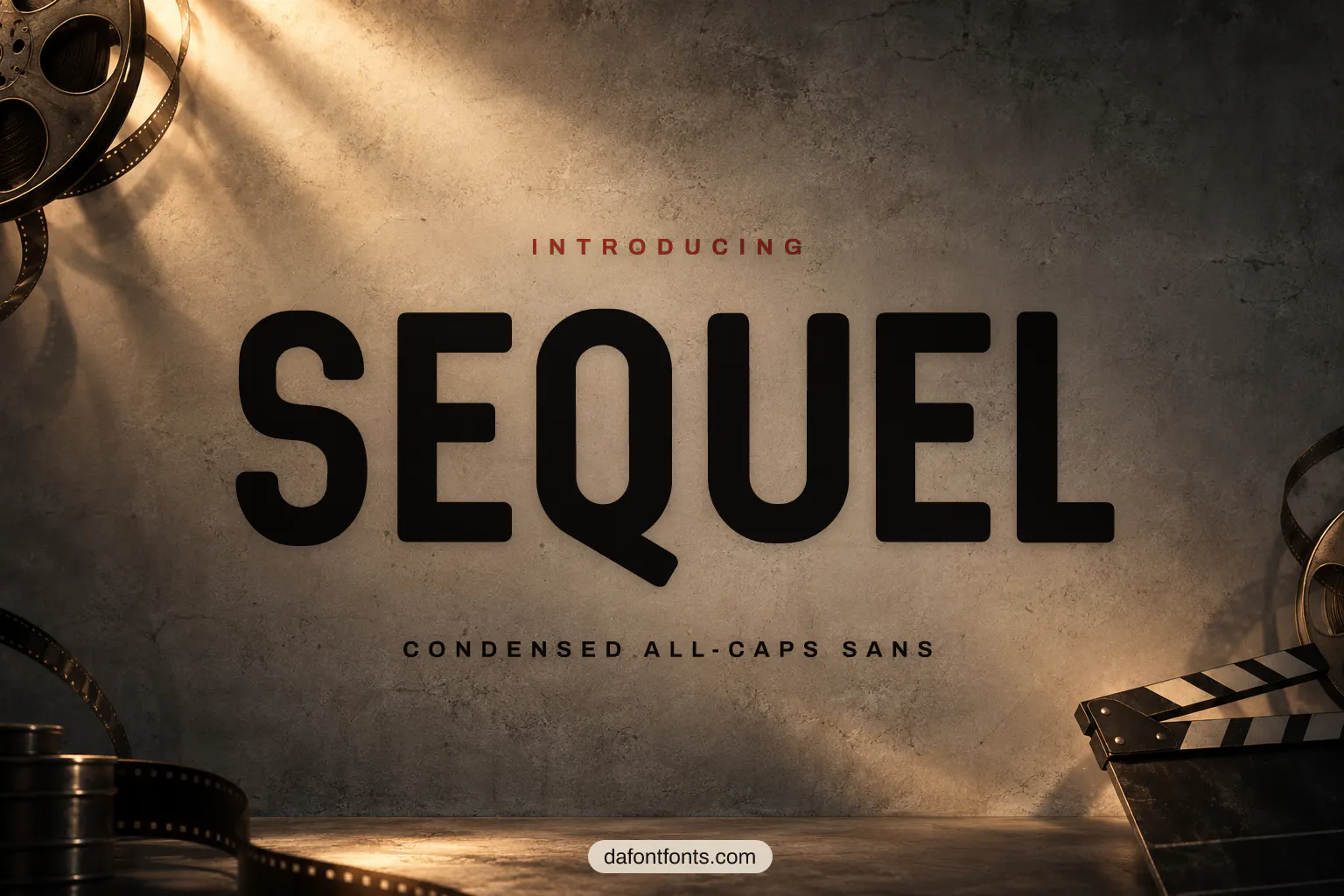 Sequel font poster: bold black condensed capitals on a warm grey background