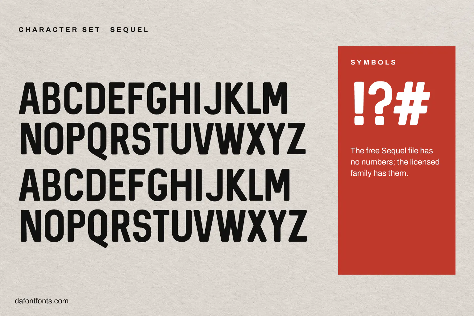 Sequel character set: capitals with alternates and ! ? # (the free file has no numbers)