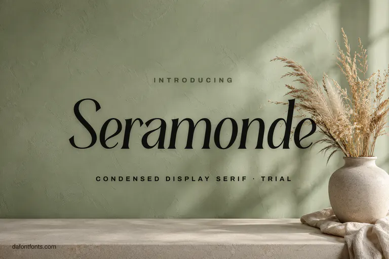 Seramonde font poster: black condensed serif letters on a soft sage background with a ceramic vase