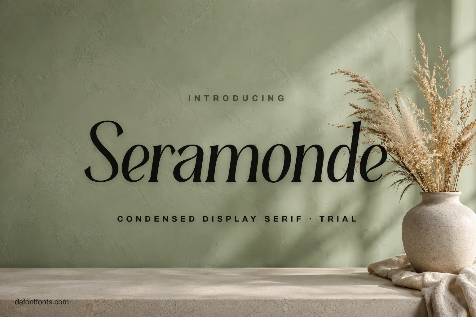 Seramonde font poster: black condensed serif letters on a soft sage background with a ceramic vase