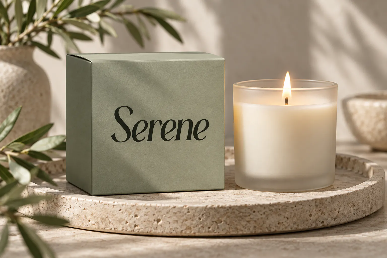 Seramonde font on a candle box reading Serene