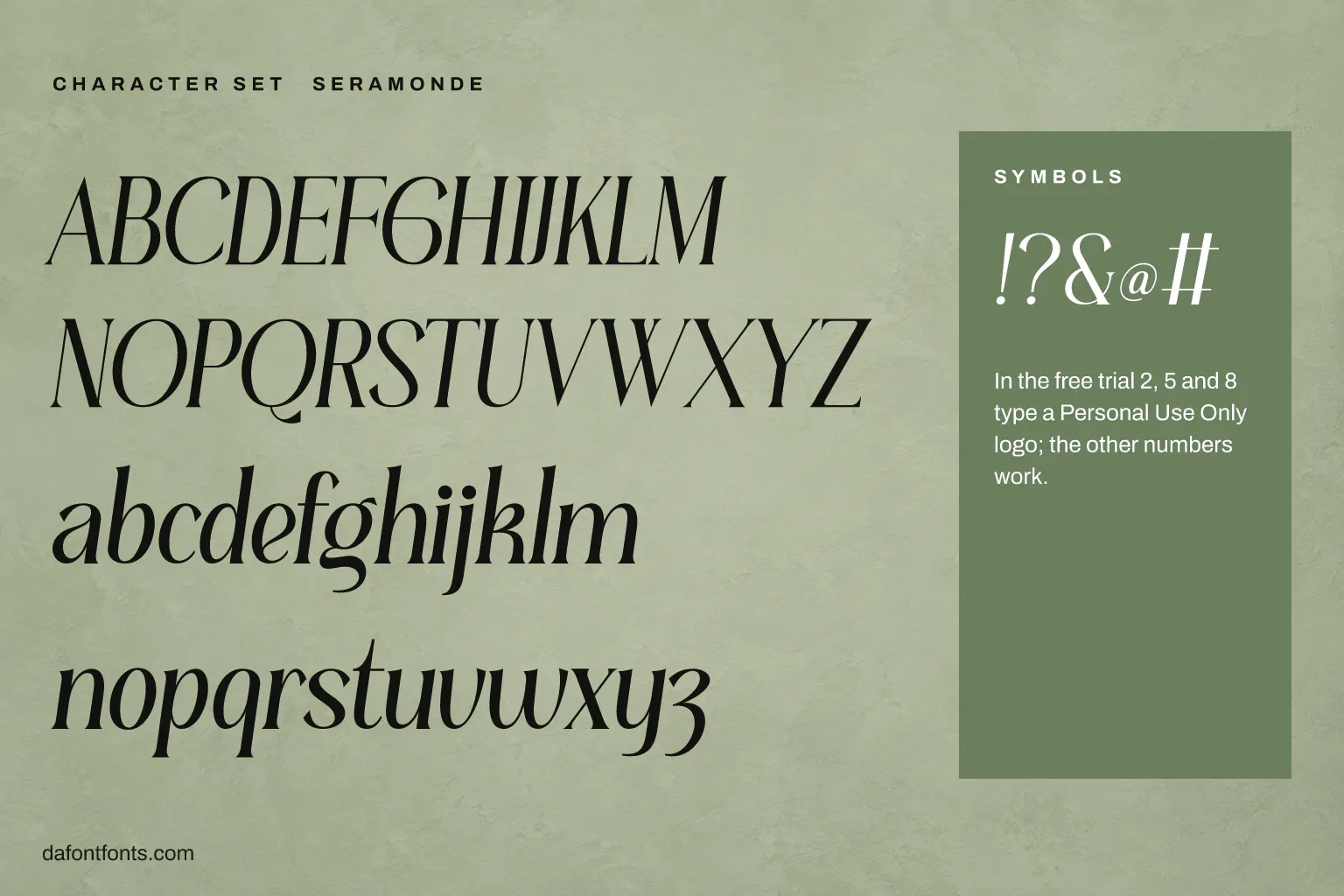 Seramonde character set: capitals, lowercase, numbers and symbols (the trial puts a logo on 2, 5 and 8)