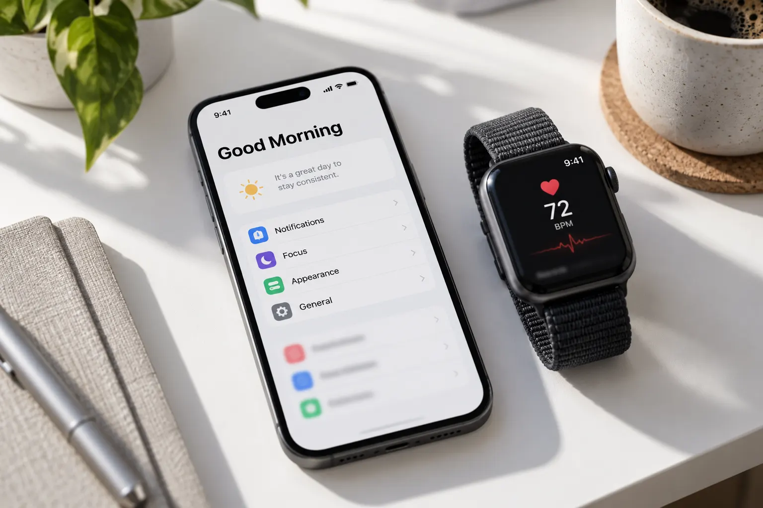 SF Pro style type on a smartphone app screen and a smartwatch