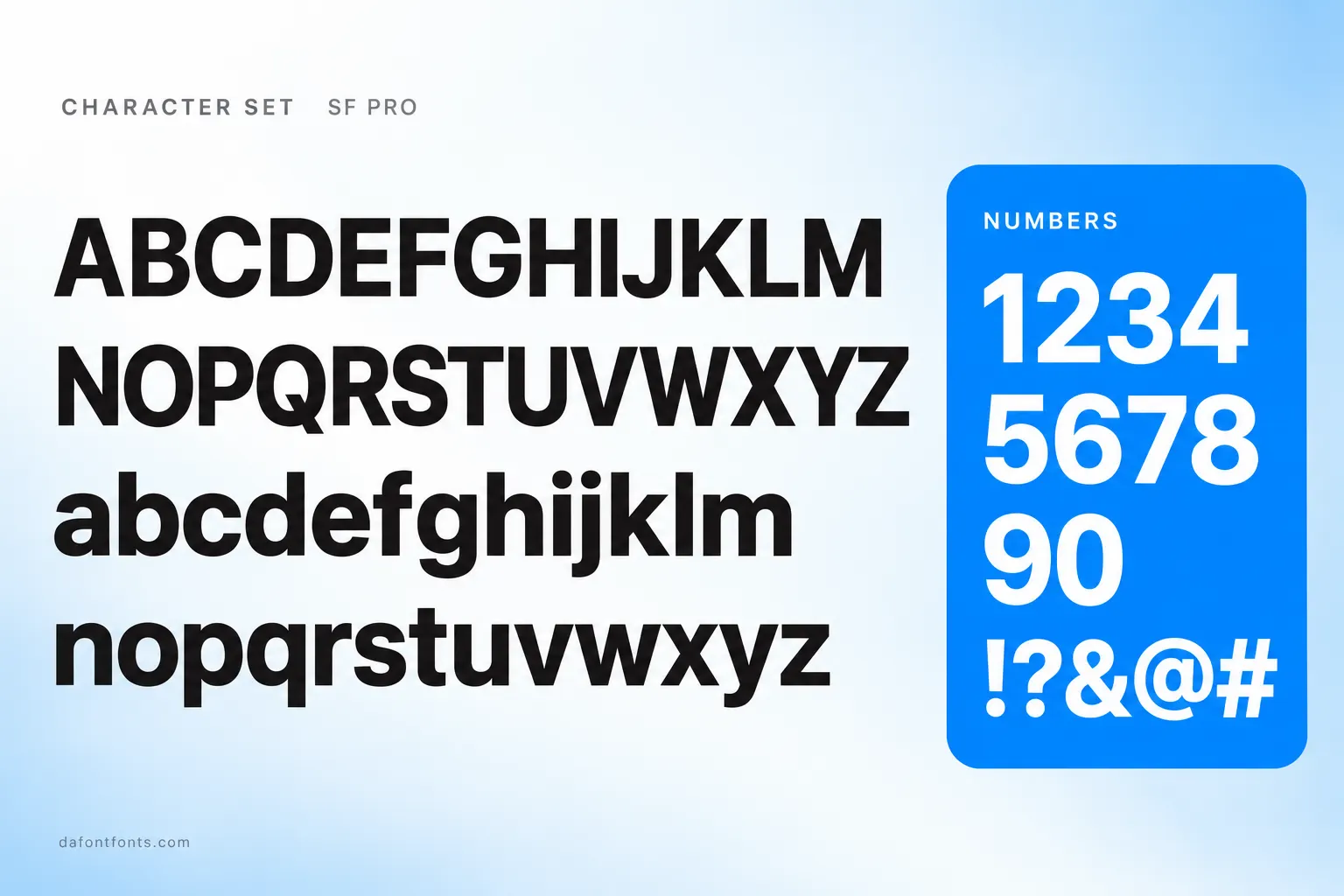 SF Pro style character set: uppercase and lowercase alphabet, numbers and symbols