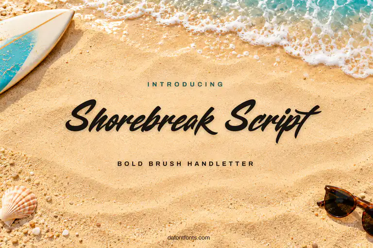 Shorebreak Script font poster: black brush script on a sandy beach background with a surfboard
