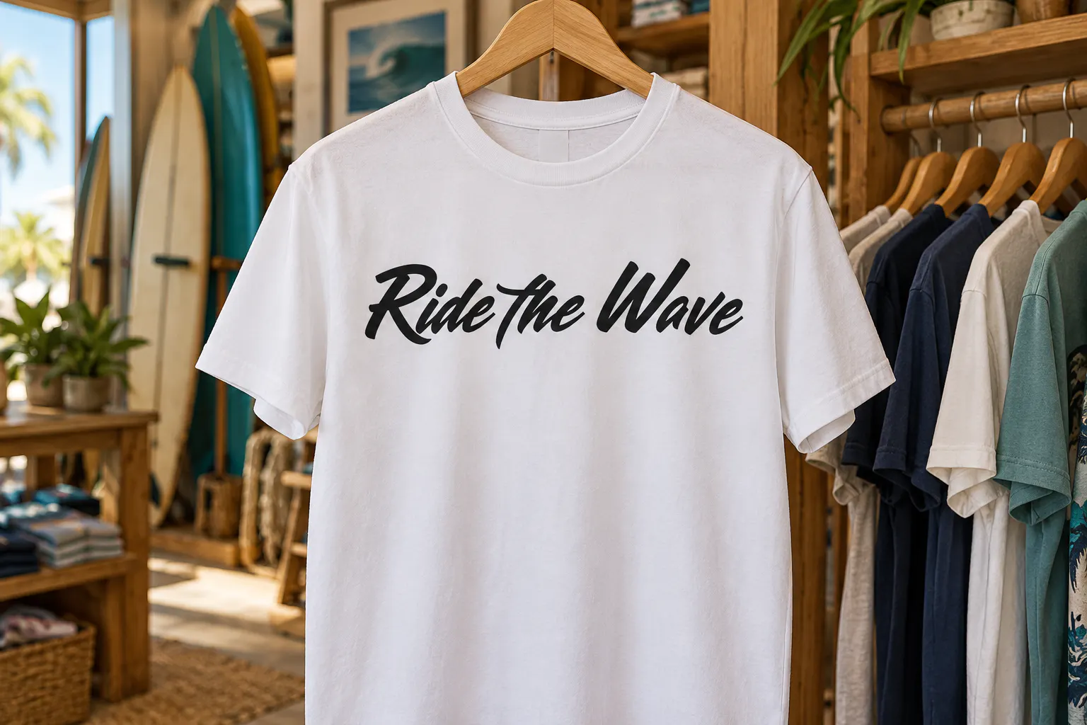 Shorebreak Script font on a surf shop T-shirt reading Ride the Wave