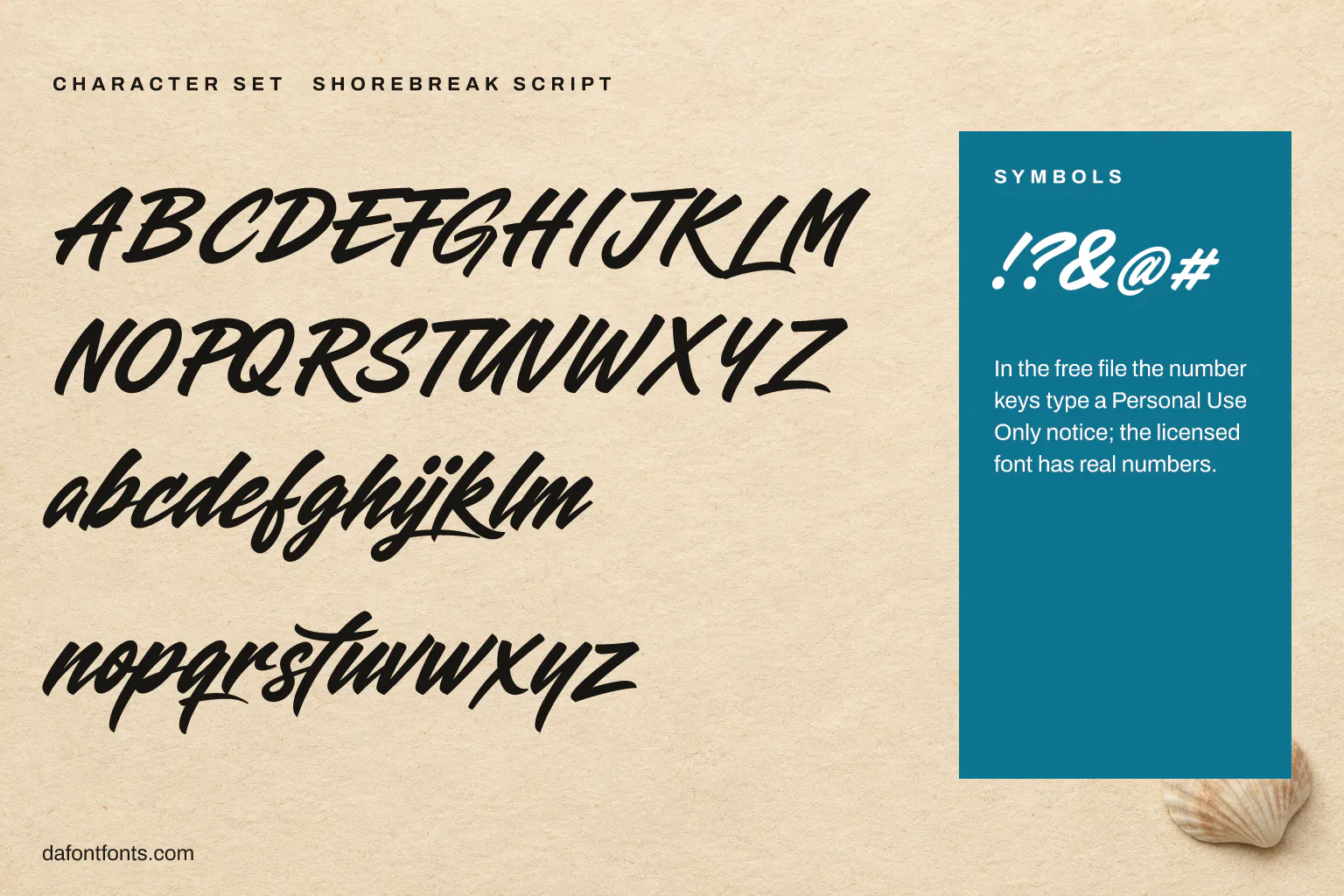 Shorebreak Script character set: capitals, lowercase and symbols (in the free file the number keys type a notice)