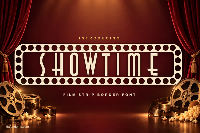 Showtime font poster: cream film strip lettering on burgundy velvet with film reels
