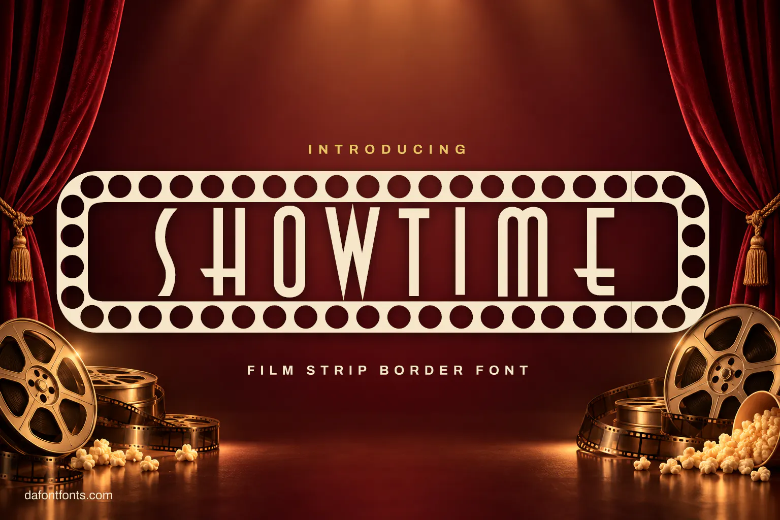 Showtime font poster: cream film strip lettering on burgundy velvet with film reels
