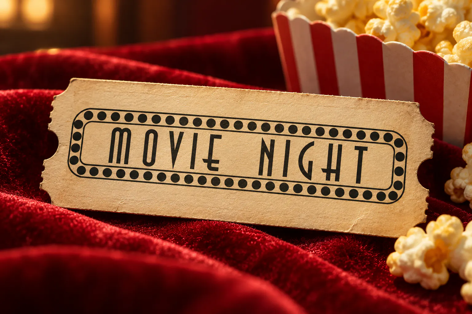 Showtime font on a vintage cinema ticket reading MOVIE NIGHT