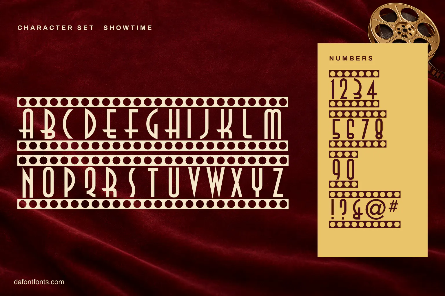 Showtime character set: capitals A to Z in film strip frames, numbers and symbols