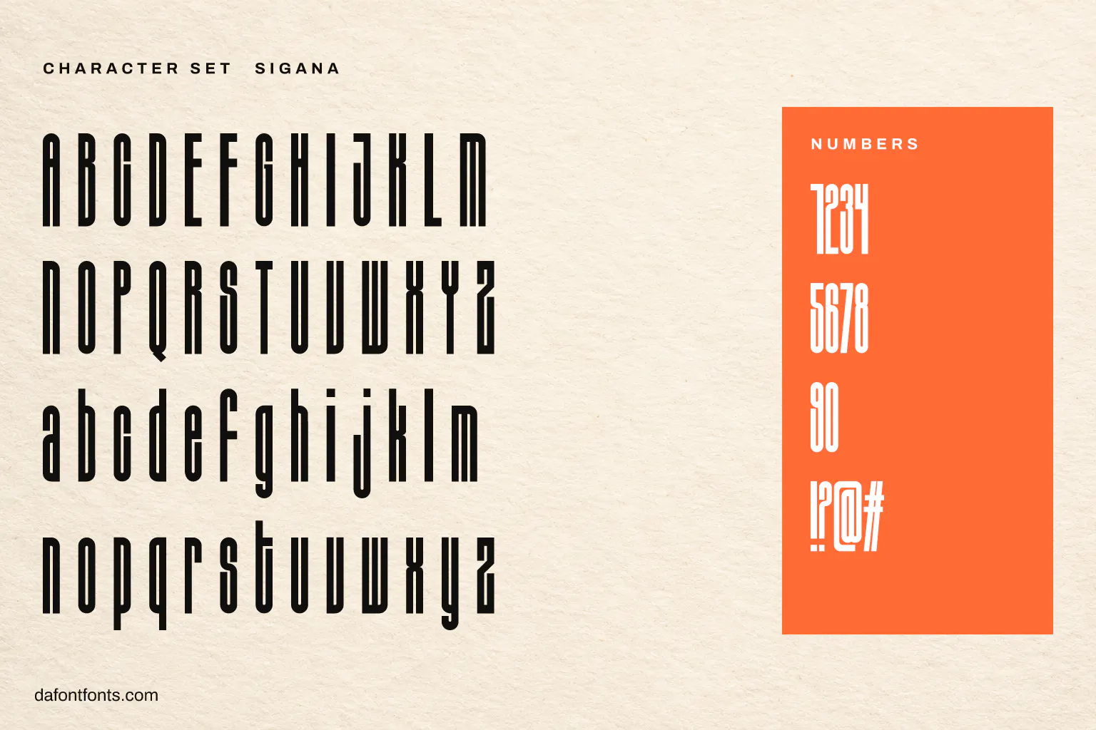 Sigana character set: alphabet, numbers and symbols
