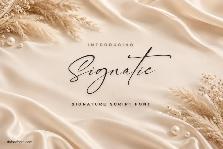 Signatie font poster: thin signature script on beige silk with pampas grass