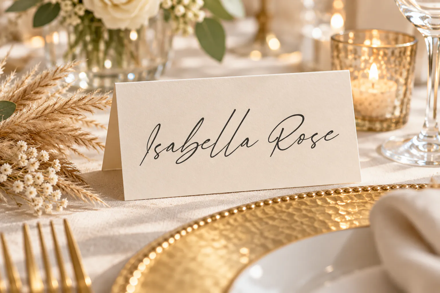 Signatie font on a wedding place card reading Isabella Rose
