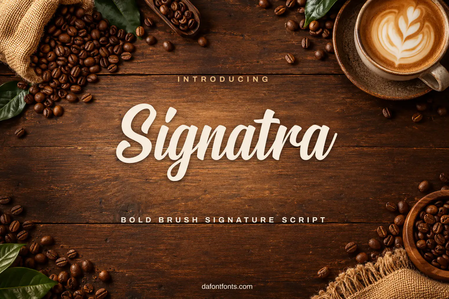 Signatra font poster: black brush script on a warm coffee shop background
