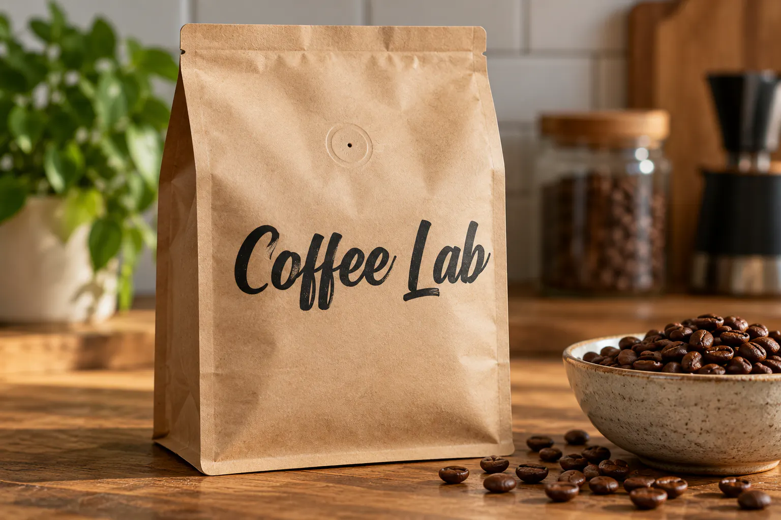 Signatra font on a kraft coffee bag reading Coffee Lab