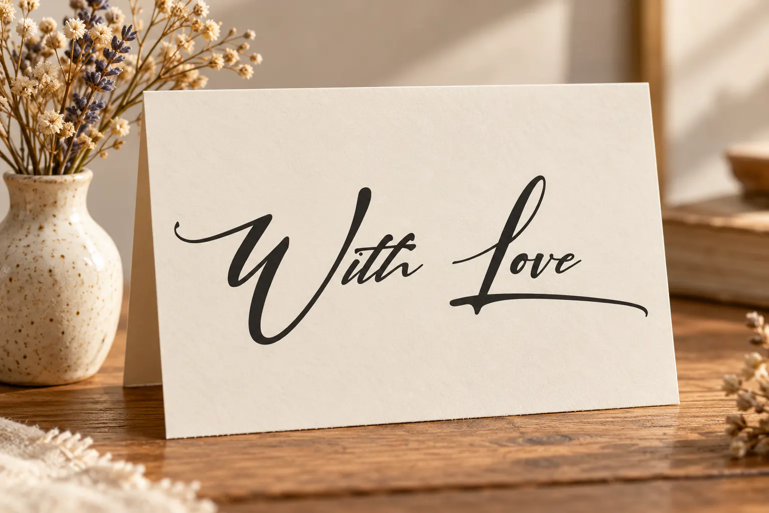 Signatrue font on a greeting card reading With Love