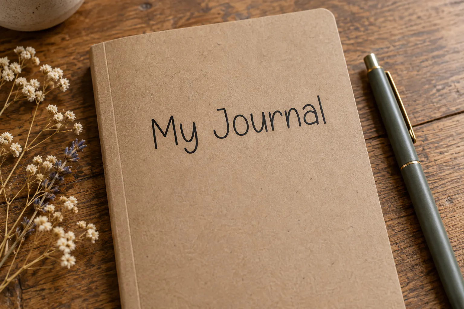 Simple Handmade font on a kraft notebook cover reading My Journal