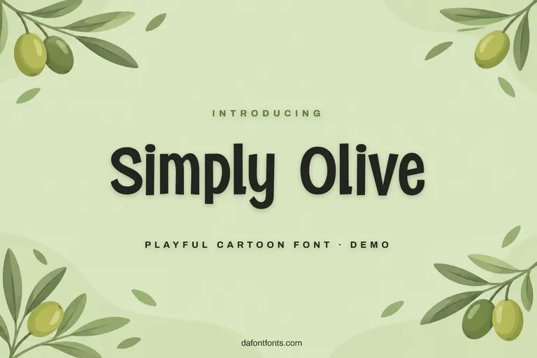 Simply Olive font poster: dark cartoon letters on a pastel green background with cartoon olives