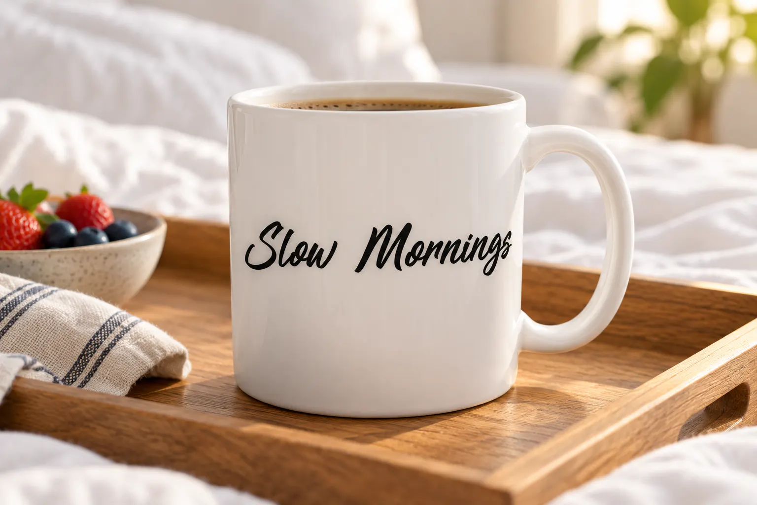 Slowing font on a white mug reading Slow Mornings
