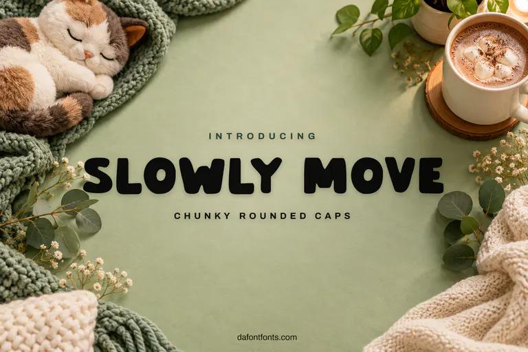 Slowly Move font poster: chunky rounded caps on sage green with a cozy blanket and cocoa